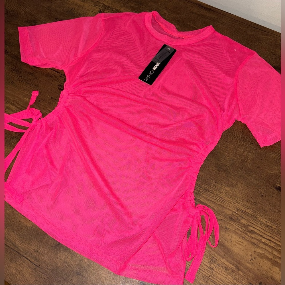 Fashion Nova HOT Pink Shirt Sleeve Mesh Top - Picture 5 of 8